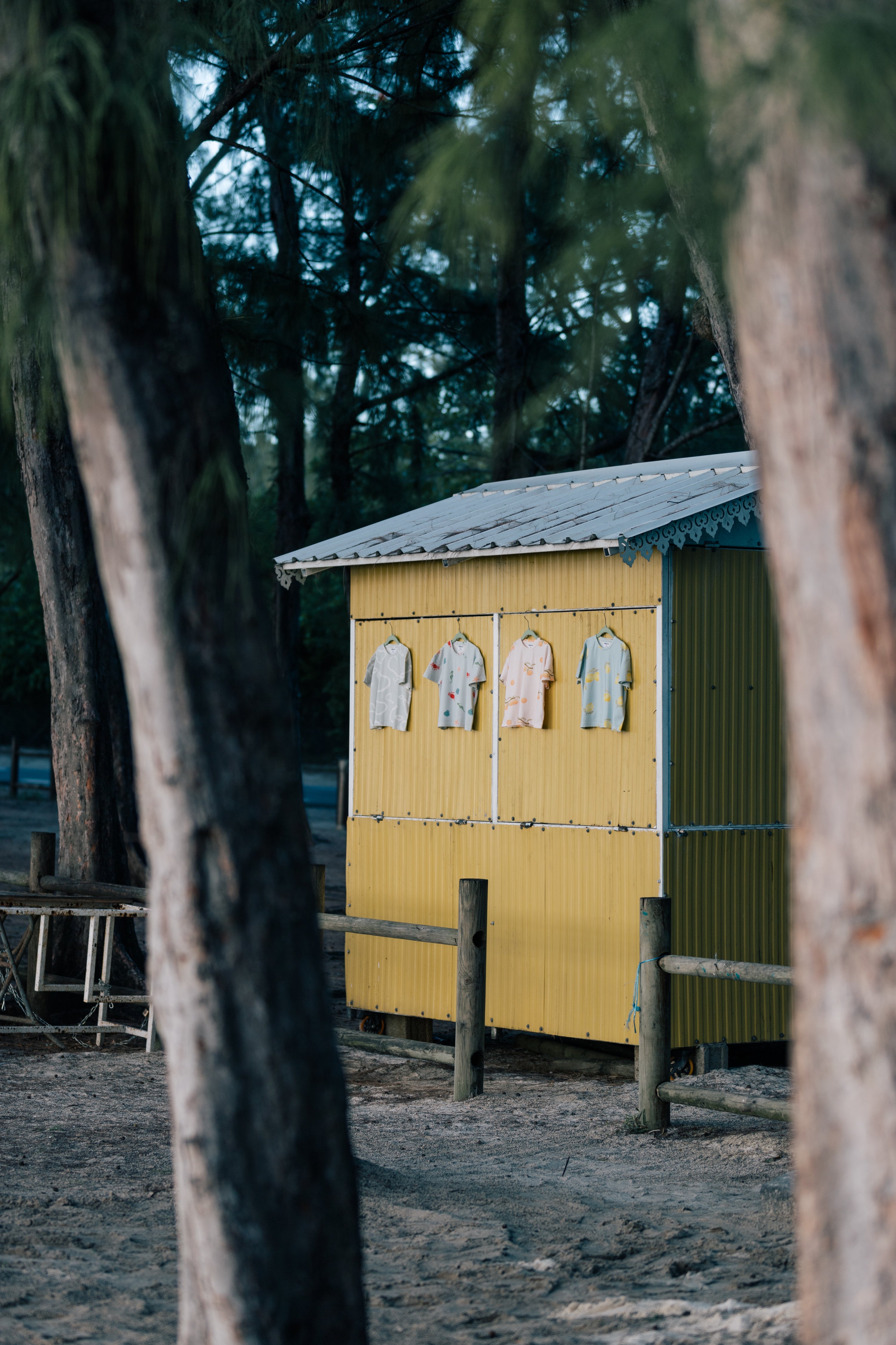 Wildgreen’s Island Life collection featuring four organic cotton T-shirts—White Pear, Marine, Apricot, and Lemon—hanging on a tropical island fruit shack. Ethically made and gender-neutral, these sustainable kids’ tees blend stylish prints with eco-conscious fashion. #OrganicKidswear #SustainableFashion