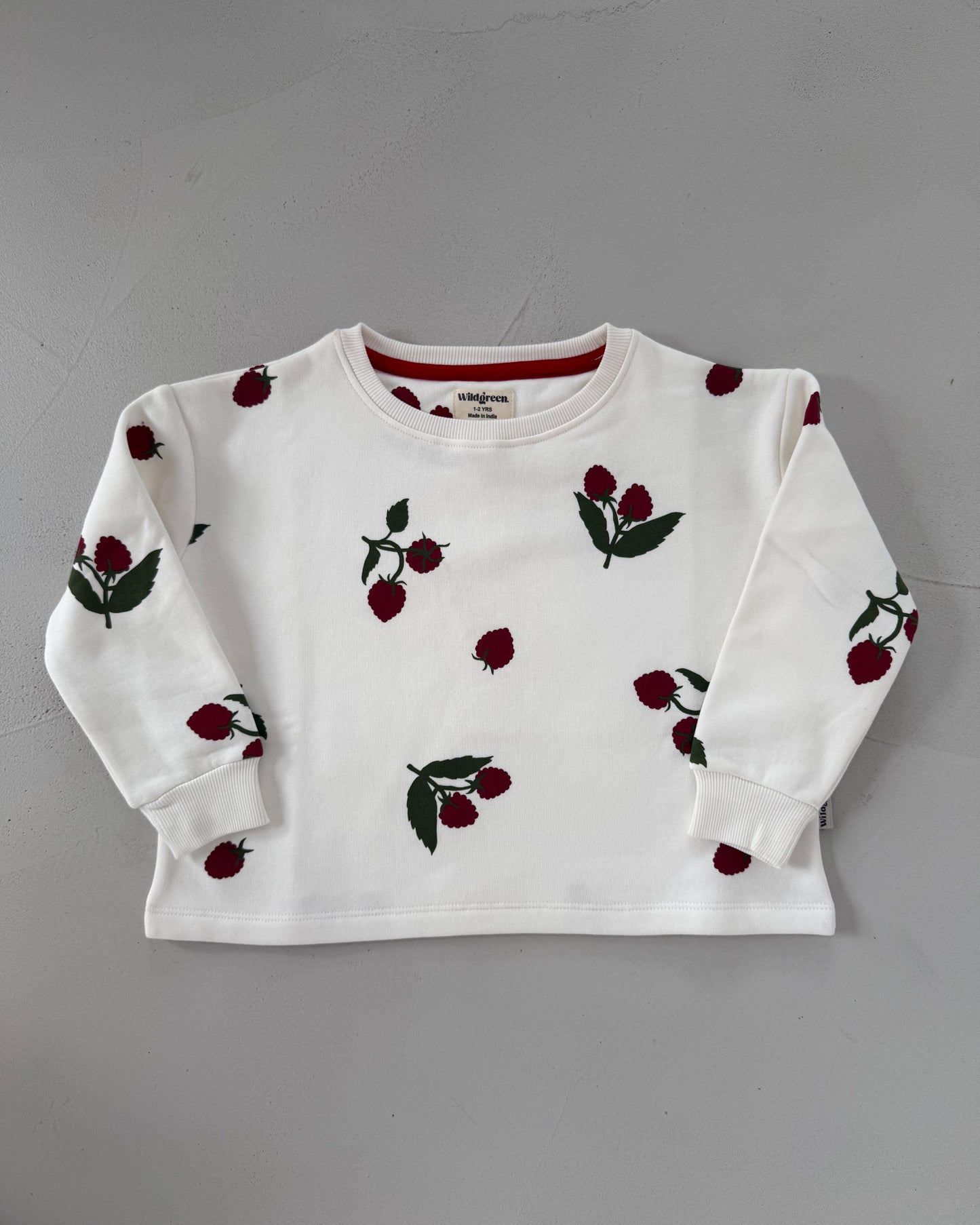 Wildgreen raspberry print long-sleeve sweater made from 100% organic undyed cotton. Unisex sustainable kidswear