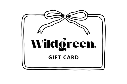 Wildgreen digital gift card: A beautifully designed gift card featuring soft, nature-inspired tones and the text 'Wildgreen Gift Card,' perfect for sustainable kidswear shopping.