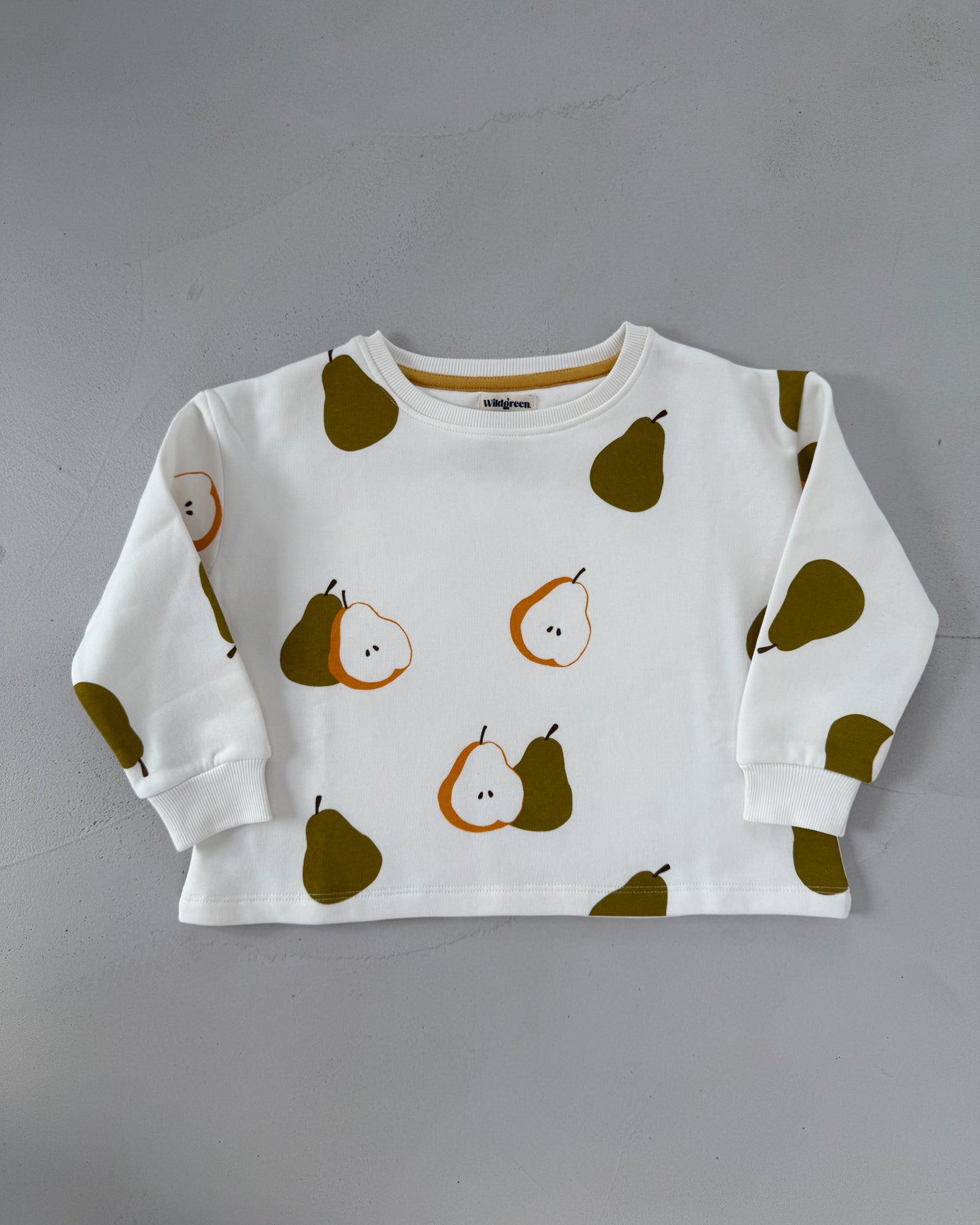 Kids unisex pear print organic undyed cotton sweater. Sustainable gender neutral kidswear.