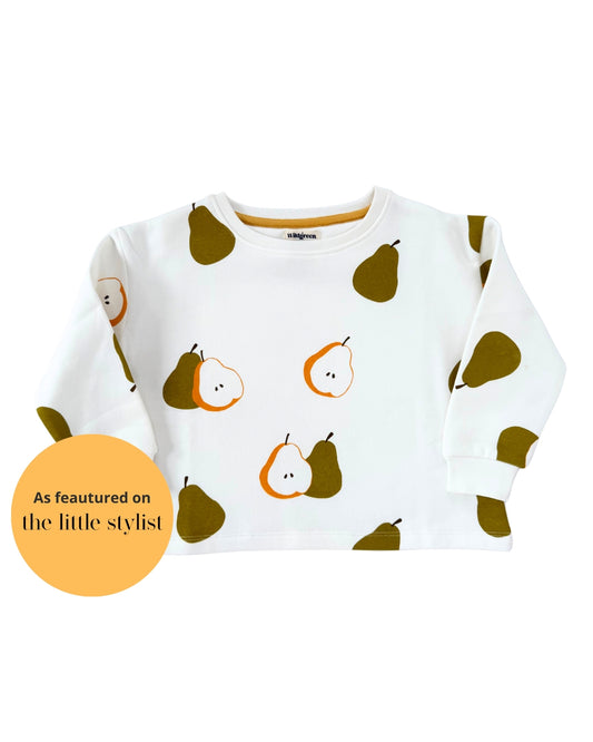 Kids unisex pear print organic undyed cotton sweater. Sustainable gender neutral kidswear.